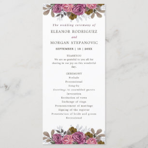 ceremonin för lila ro rosa blommigt bröllop program