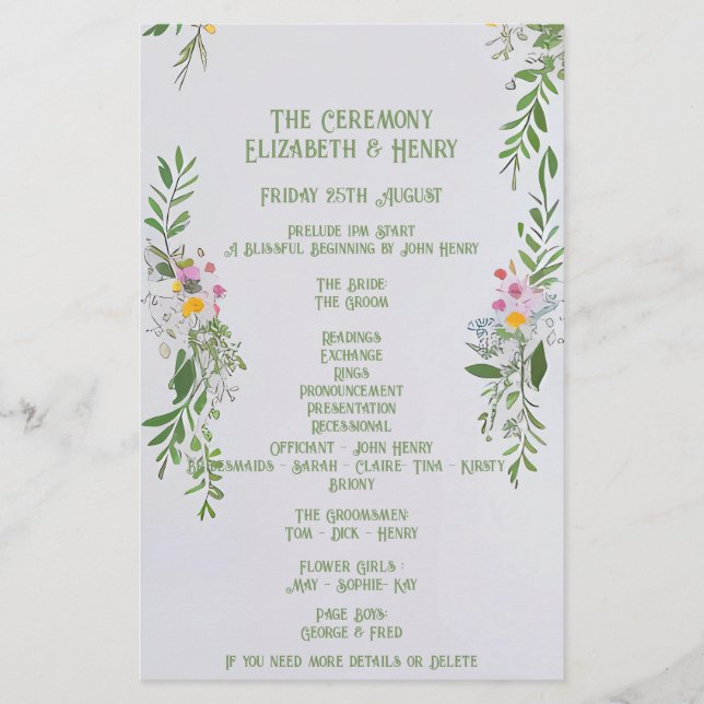 Ceremonisk inbjudan till Whimsical Wildblomma Bröl Brevpapper (Framsida)