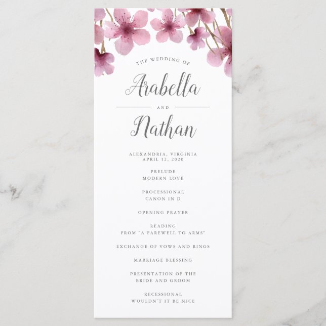 Ceremonisprogrammet Cherry Blommar Bröllop Program (Framsida)