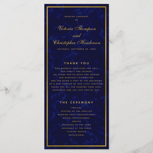 Ceremonisprogrammet elegant Navy Blue & Guld Bröll Program (Framsida)