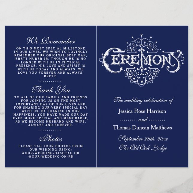 Ceremonisprogrammet elegant Navy Blue & White Bröl (Framsida)