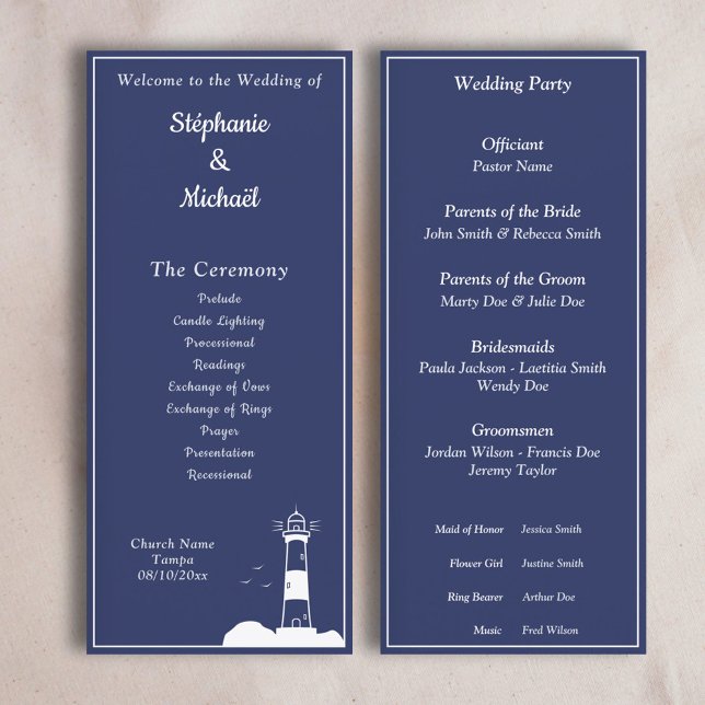 Ceremonisprogrammet för fyr, marinblått Bröllop Meny (Lighthouse Navy Blue Wedding Ceremony Program)