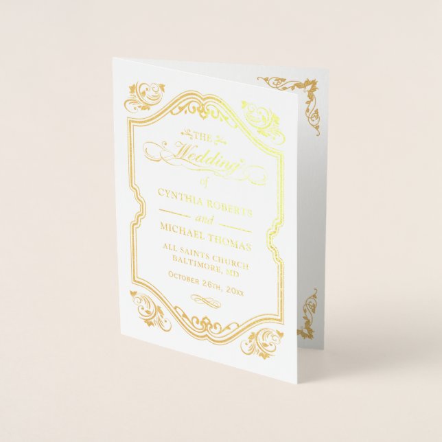Ceremonisprogrammet Gold Foil Flourish Ram Bröllop Folierat Kort (Framsida)