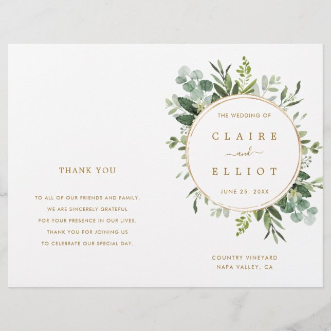 Ceremonisprogrammet Guld Greenery Bröllop (Framsida)