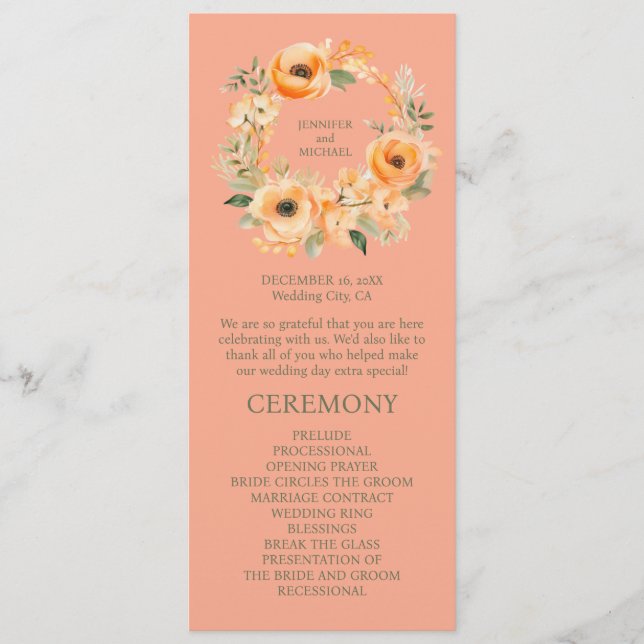 Ceremonisprogrammet Peach Summer Bröllop Program (Framsida)