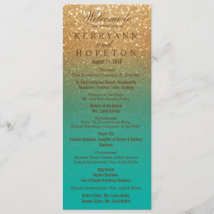 Ceremonisprogrammet Teal och Guld Glitter Bröllop Program