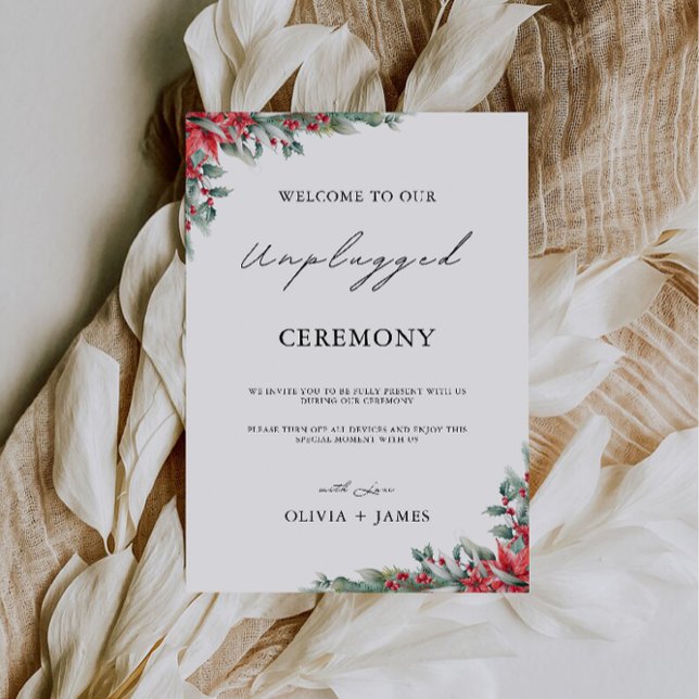 Ceremony Bröllop-tecknet, opluggat under jul, Inbjudningar (Christmas Unplugged Ceremony Wedding Sign, Invitation)