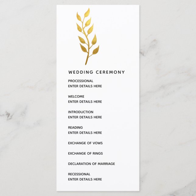 Ceremony Guld Löv Botanical Bröllop Program (Framsida)