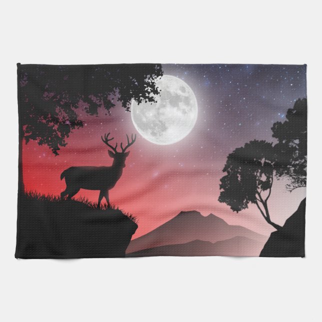 Cerf sous la lune rouge kökshandduk (Horisontell)