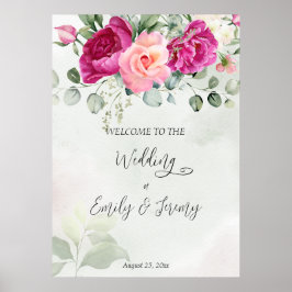 Cerise magenta peony ro eucalyptus Välkomstskylt Poster