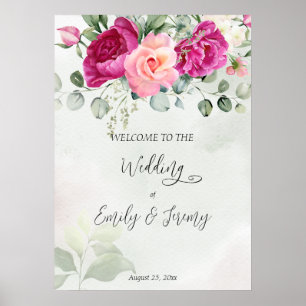 Cerise magenta peony ro eucalyptus Välkomstskylt Poster