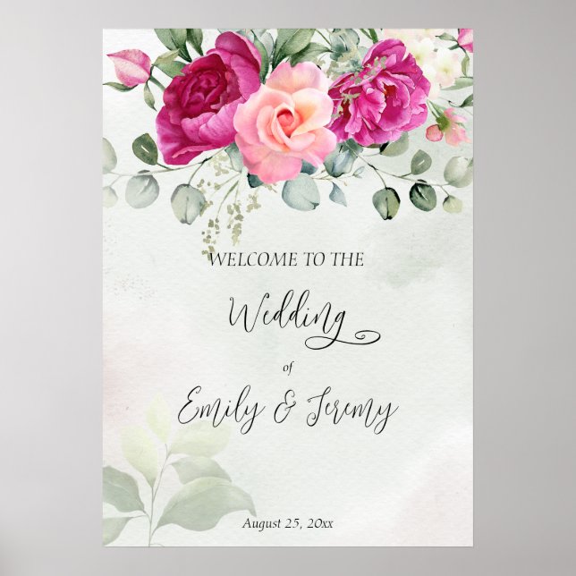 Cerise magenta peony ro eucalyptus Välkomstskylt Poster (Framsidan)