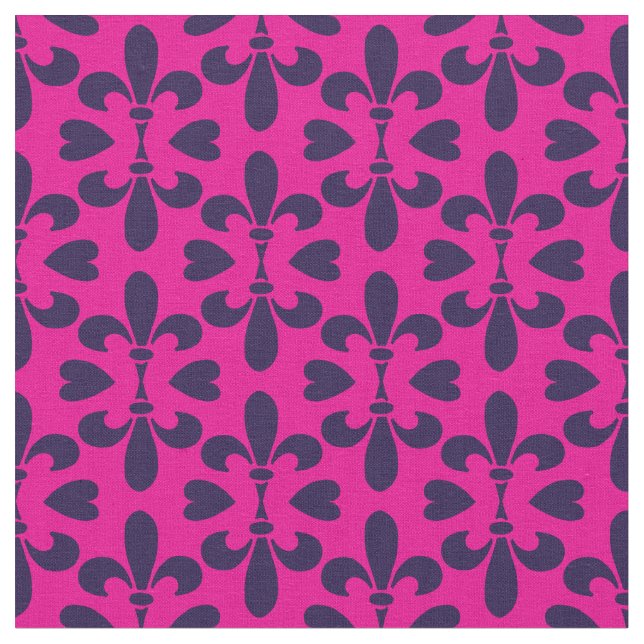 Cerise Rosa and Deep Blue Heraldic Fleur-de-Lys Tyg (Närbild)