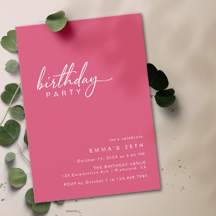 Cerise Rosa Enkel modern typografi födelsedag Inbjudningar