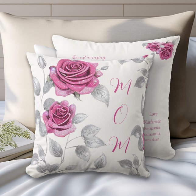 Cerise Rosa Ros Silverblad Mamma kärlek  Kudde (Skapare uppladdad)