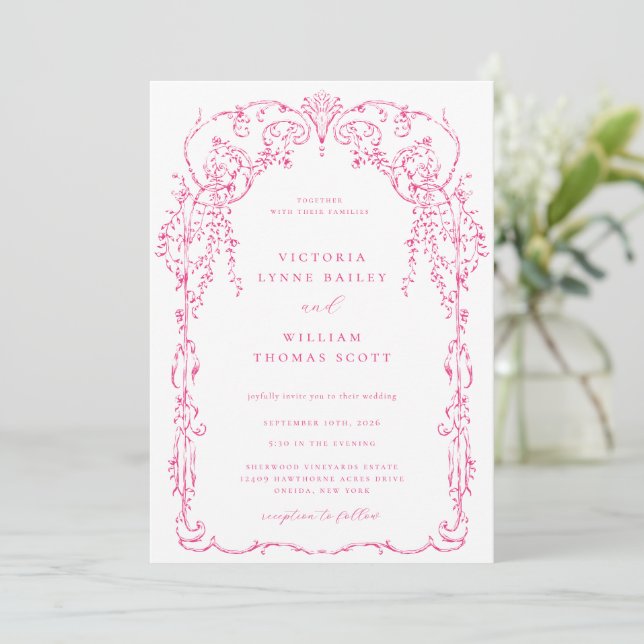 Cerise Rosa Victorian Ram Bröllop Inbjudningar (Stående Fram)