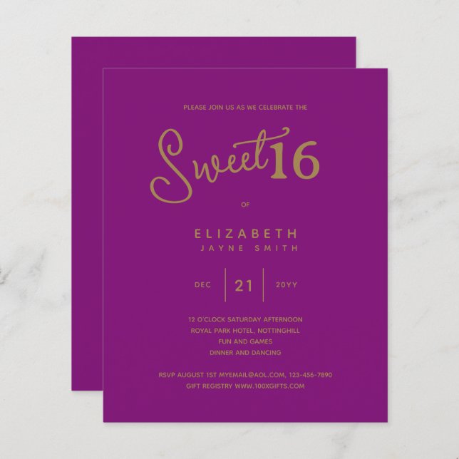 Cerise SWEET 16 Modern Elegant Budget Birthday (Fram/baksida)