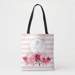 Cerise Watercolor Blommigt Monogram på Rosa Rand Tygkasse