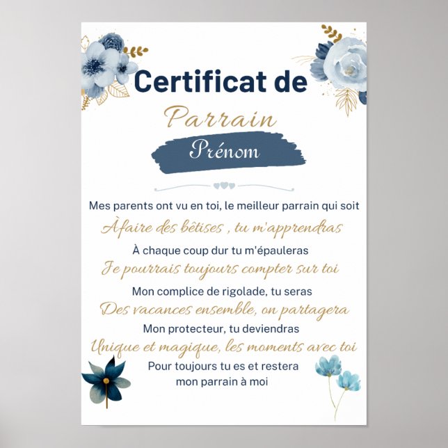 certificat de Parrain Poster (Framsidan)