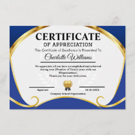 Certificate of Appreciation Blue Gold Elegant Tilläggskort