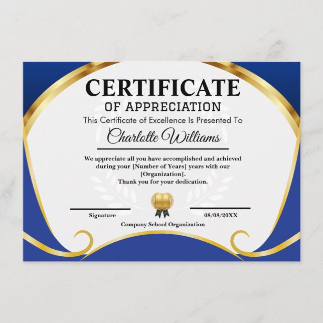 Certificate of Appreciation Blue Gold Elegant Tilläggskort (Framsida)