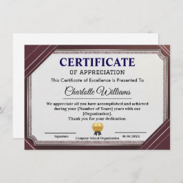 Certificate of Appreciation Professional Elegant Tilläggskort