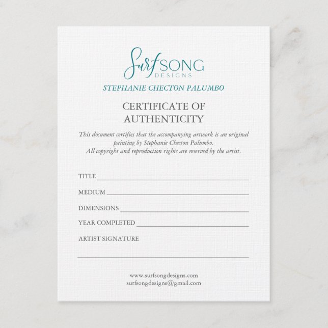 Certificate of Authenticity For Artwork Inbjudningar (Framsida)