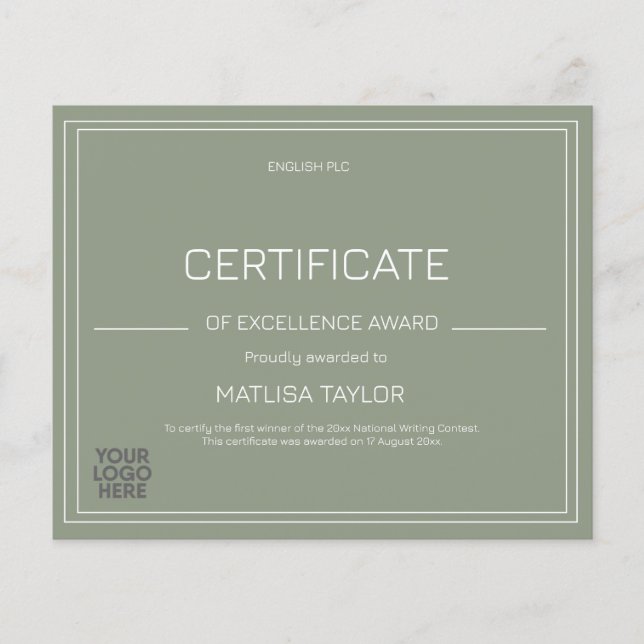 Certificate of Excellence Award Sage Lägg till log (Framsida)