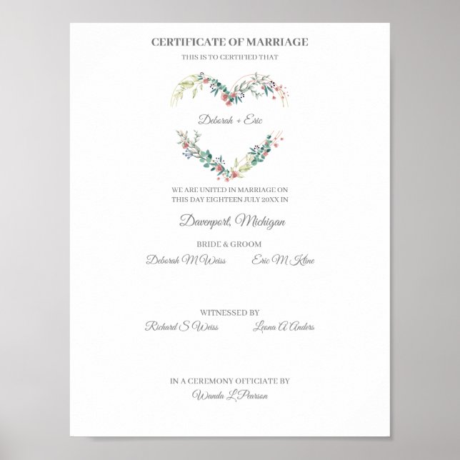 Certificate of Marriage Floral Heart in Pink Poster (Framsidan)