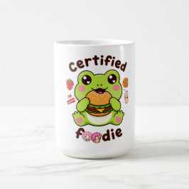 Certifierad matmatador söt kawaii groda som äter h kaffemugg