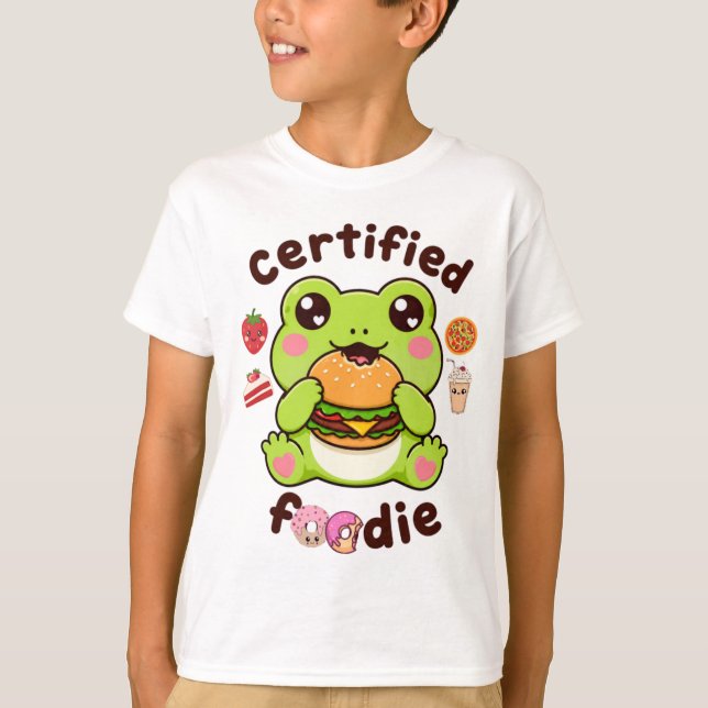 Certifierad matnörd söt Kawaii-groda som äter hamb T Shirt (Framsida)