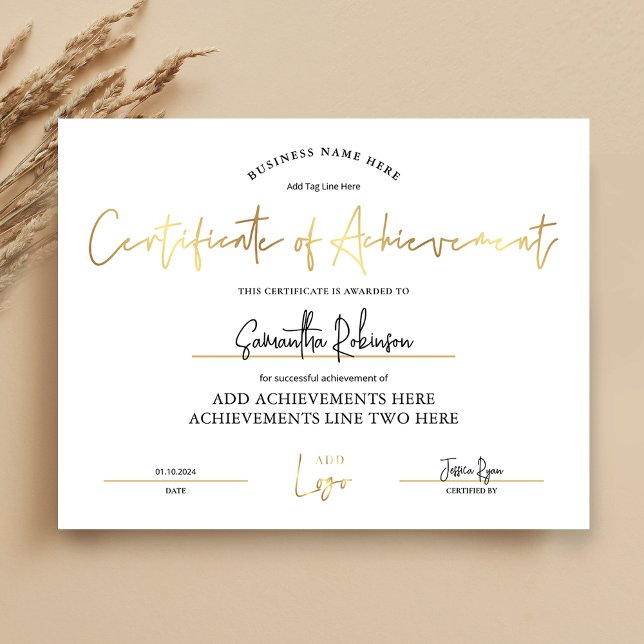 Certifikat för Achievement Lux Guld Employee Award (Elegant white and gold Certificate of Achievement with space for your logo)