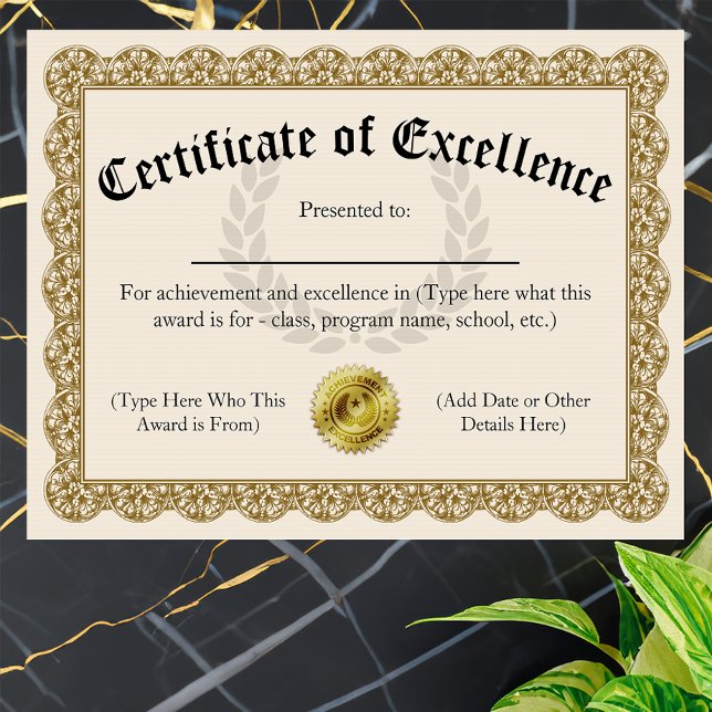 Certifikat för Anpassadet Guld 8.5x11 (custom printed certificate of excellence)