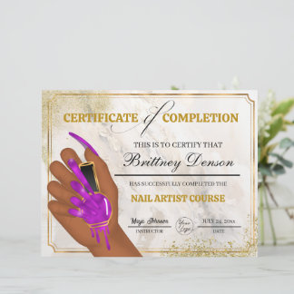 Certifikat för avslutad utbildning Nail Technician