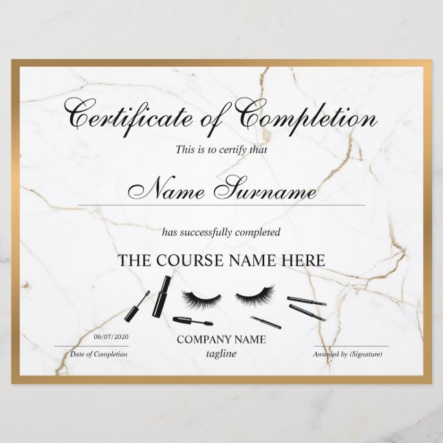 Certifikat för avslutad utbildning Ögonfransar Kur (Framsida)