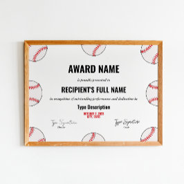 Certifikat för Baseball Achievement Award - omedel Poster