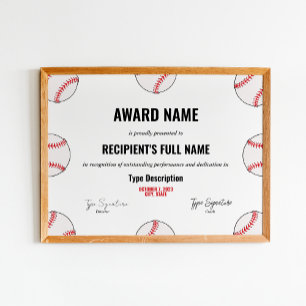 Certifikat för Baseball Achievement Award - omedel Poster