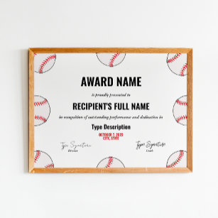 Certifikat för Baseball Achievement Award - omedel Poster