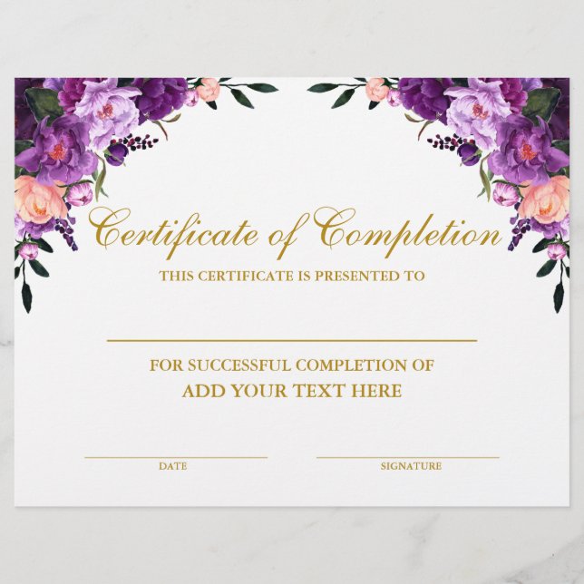 Certifikat för Blommigt av lila i Guld (Framsida)