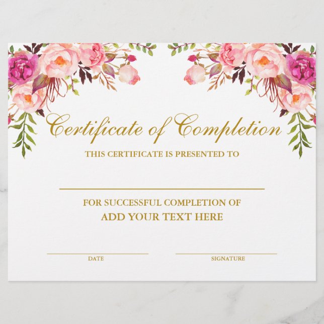 Certifikat för Blommigt av rosa i Guld (Framsida)