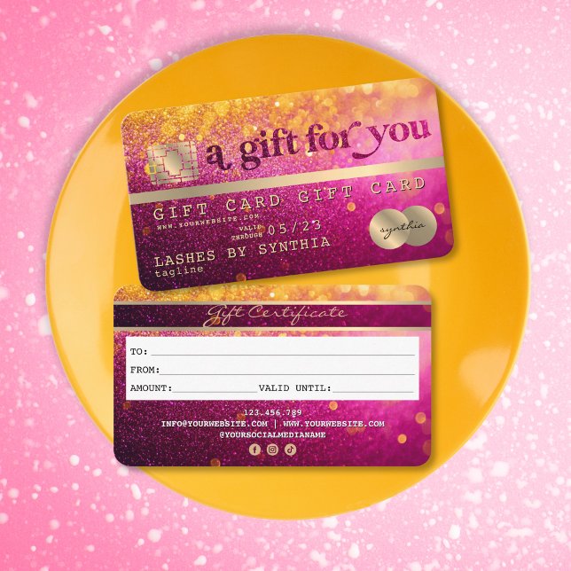 Certifikat för det moderna Kredit-kortet i Glitter (gold and pink glitter like credit card gift certificate)