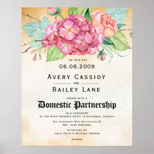 Certifikat för "Domestic Partnership" Blommigt Brö Poster