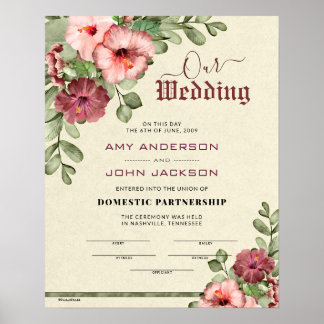 Certifikat för "Domestic Partnership" blommigt Brö Poster