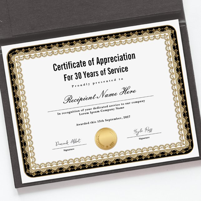 Certifikat för erkännande för tjänsteår (Certificate of Appreciation for Years of Service)