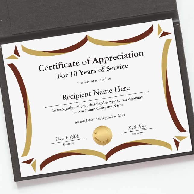 Certifikat för erkännande för tjänsteår (Certificate of Appreciation for Years of Service)
