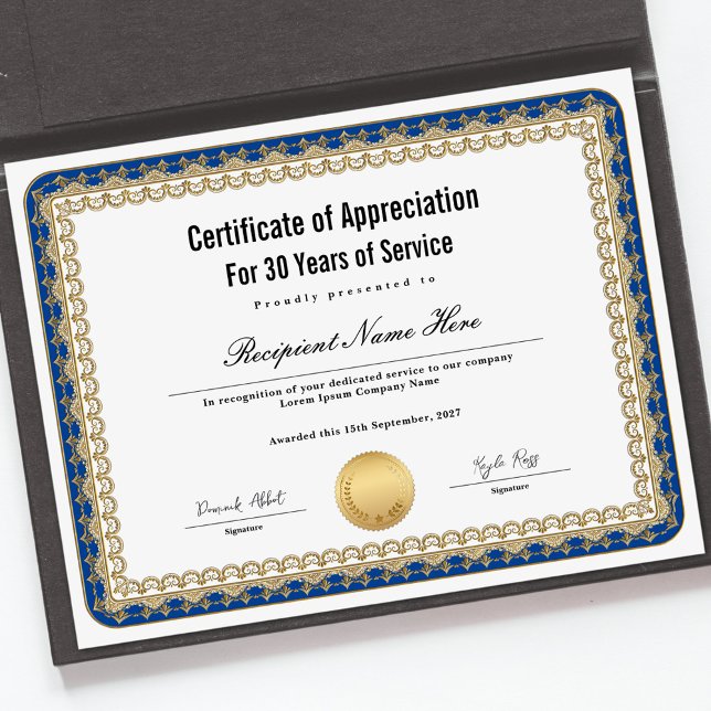 Certifikat för erkännande för tjänsteår (Certificate of Appreciation for Years of Service)