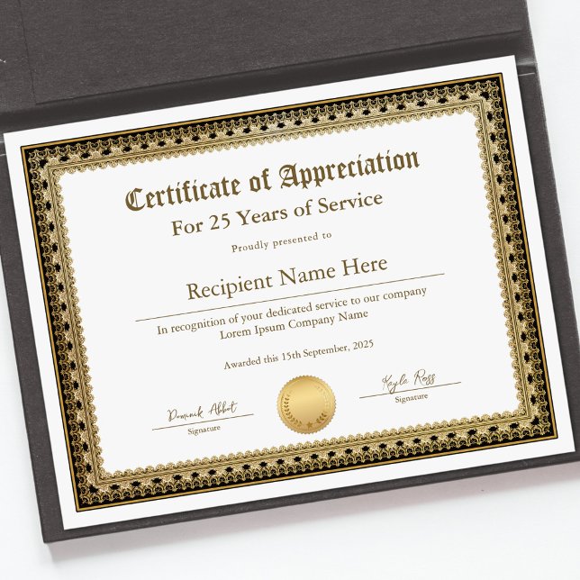 Certifikat för erkännande för tjänsteår (Certificate of Appreciation for Years of Service)