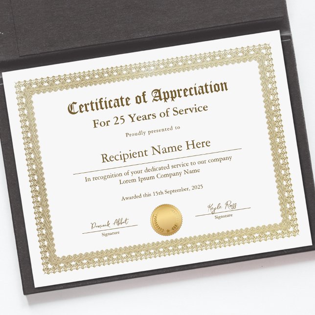 Certifikat för erkännande för tjänsteår (Certificate of Appreciation for Years of Service)