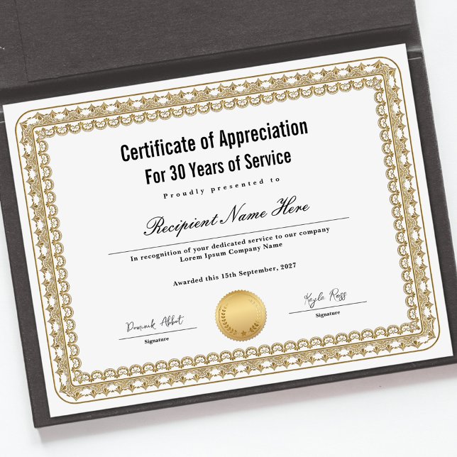 Certifikat för erkännande för tjänsteår (Certificate of Appreciation for Years of Service)