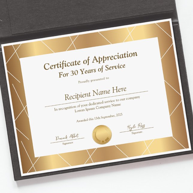 Certifikat för erkännande för tjänsteår (Certificate of Appreciation for Years of Service)